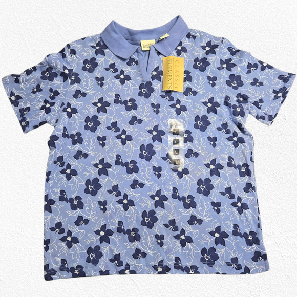 Y2K Periwinkle Blue Floral V Neck Collared Cotton Polo Top T-Shirt Size Large - Picture 1 of 7